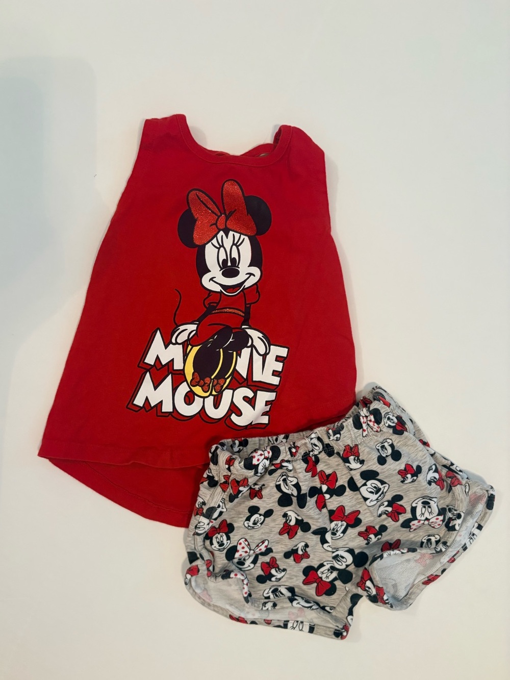 Disney Minnie Mouse 2 Pc Outfit Girls 4T Red Tank & Gray Red Shorts Cotton